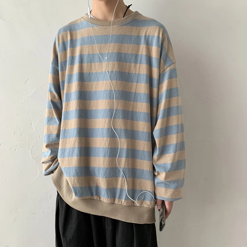 

2019 Autumn And Winter Men's New Casual Contrast Color Striped Round Neck Hoodies Loose Temperament Trend Cotton Harajuku