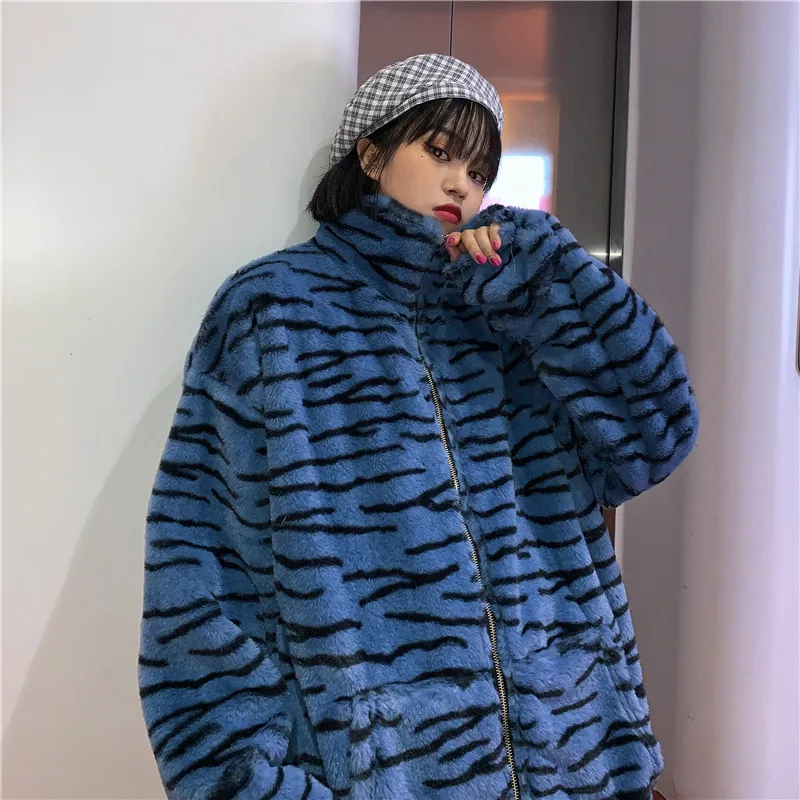 Harajuku шикарный винтажный корейский стиль хип хоп Уличный синий желтый леопард молния унисекс зимняя куртка пальто для женщин femme YQ-1092 - Цвет: Синий