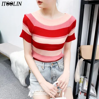 

ITOOLIN 2020 Summer One Word Collar T-shirt Women Tops O-Neck Sexy Casual Off Shoulder Colorful Striped Tees Female Streetwear