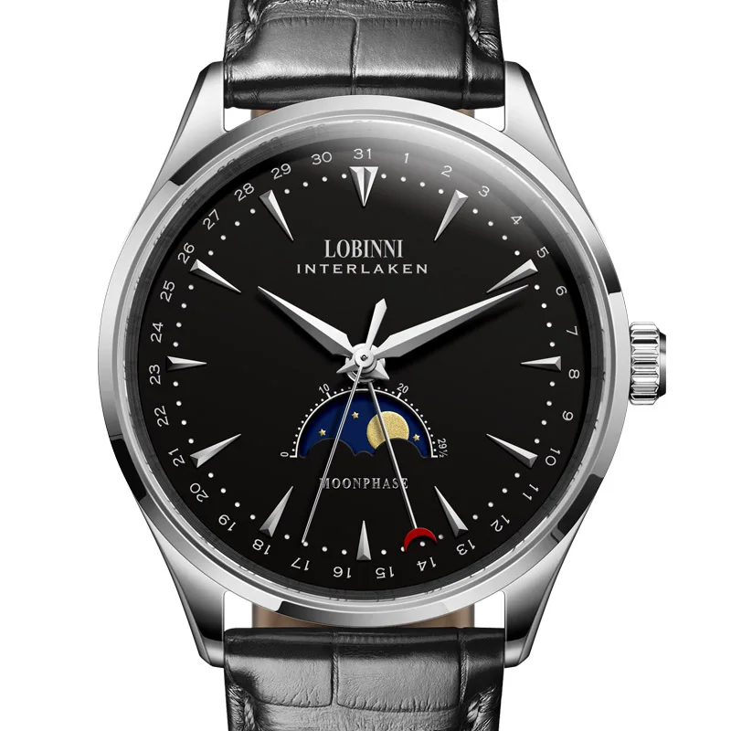 LOBINNI швейцарские мужские часы люксовый бренд Moon Phase авто механические мужские часы Сапфировая кожа relogio masculino L16012 - Цвет: Black