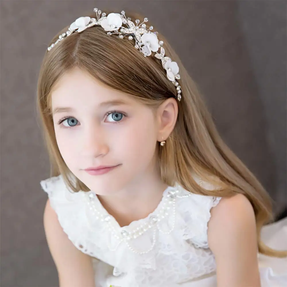 Campsis Cute Princess Wedding Headpiece White Flower Headband Pearl Hair Dress for Girl and Flower Girls (7)