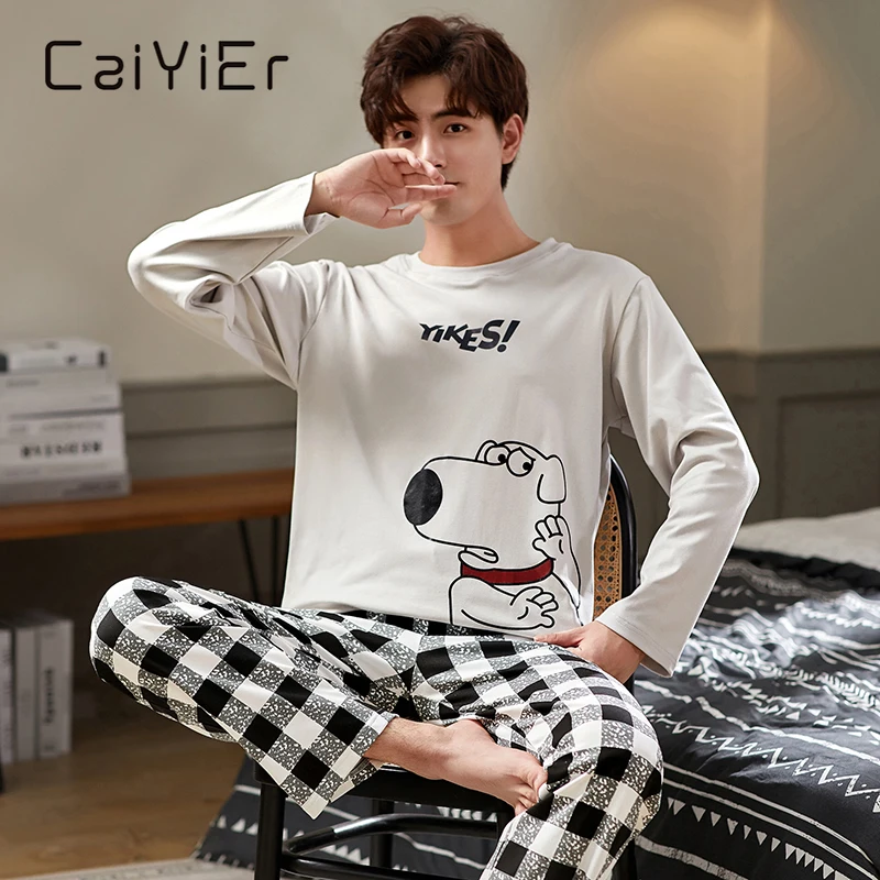 CAIYIER Autumn Winter Men Pajamas Set Cute Cartoon Print Sleepwear Soft Loose O Neck Male Nightwear Plus Size Lounge Wear M 3XL
