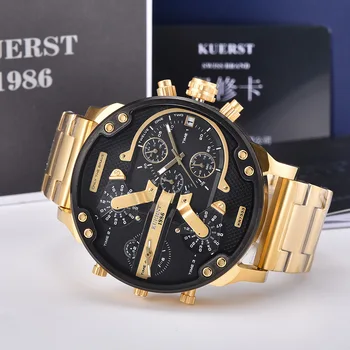

KUERST Mens Gold Watch Luxury Top Brand Waterproof Sport Quartz chronograph watches Clock Four Time Zone WristWatch Men 2020
