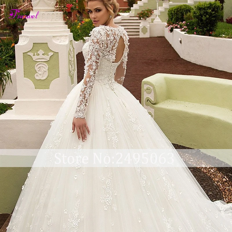 Fsuzwel New Charming Appliques Long Sleeves A-Line Wedding Dresses 2022 Luxury Scoop Neck Lace Up Princess Bridal Gown Plus Size wedding dress for women