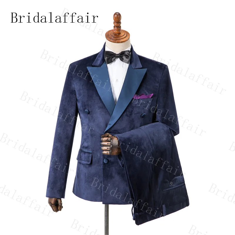 

Bridalaffair Mens Navy Blue Velvet Suits Winter Warm Double Breasted Wedding Prom Tuxedo Costume 3pcs Blazer Jacket Pant Vest