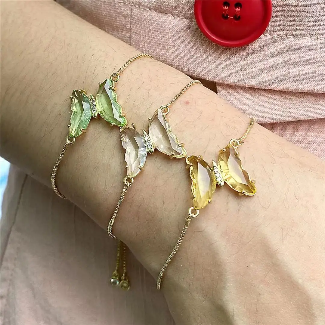 패션 한국어 버전 마이크로 상감 지르콘 크리스탈 나비 팔찌, 여성용 구리 골드 체인 매력 팔찌 여성용 소녀 쥬얼리체인 & 링크