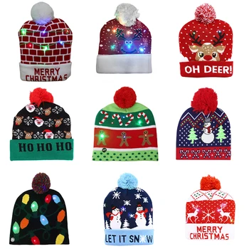 

LED Christmas Beanie Hat Light Knitted Hat Christmas Decorations For Home Luminous Santa Elk Hat Light Up Cap Gift For Kids