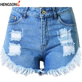 

2018 Fashion Women Jeans Shorts Summer Shorts Woman Female Light Blue High Waist Shorts For Women Worn Burr Hole Shorts Tassel