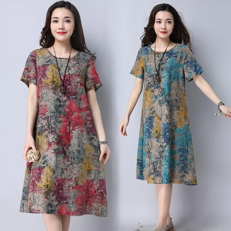 

Summer Wear New Style Cotton Linen WOMEN'S Dress National Wind Loose And Plus-sized Slimming Mid-length Dress