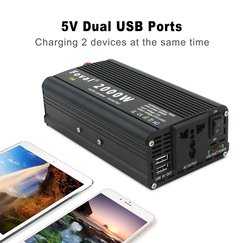 Инвертор автомобильный солнечный инвертор с 2USB-портами 12 В 220 2000 Вт | Автомобили и
