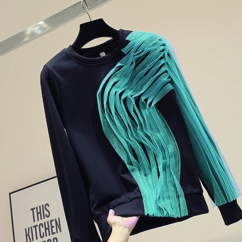 Hoodies Women New Mesh Stitching Round Collar Black Hoodie Women Pullover Tracksuit Fashion Sweatshirt Girls Lady Streetwear