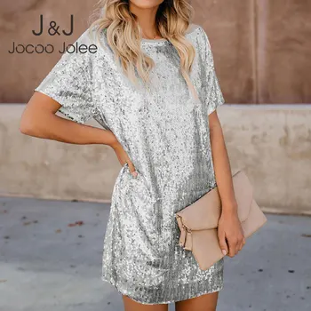 

Summer Casual Glitter Sequins Patchwork Mini Dress Elegant Shiny Evening Party Dress Women Short Sleeve T Shirt Dress