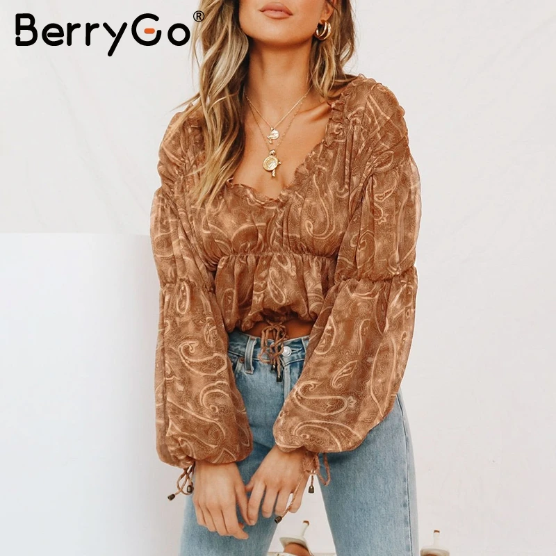 BerryGo/винтажная короткая шифоновая блузка для женщин с эластичной высокой талией, с оборками, женские топы, рубашка с буфами на рукавах, осенние женские блузки с принтом