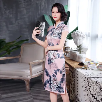 

Satin Print Flower Women Qipao Chinese Style Mandarin Collar Cheongsam Chinese Traditional Sexy Slim High Split Vestidos 4XL