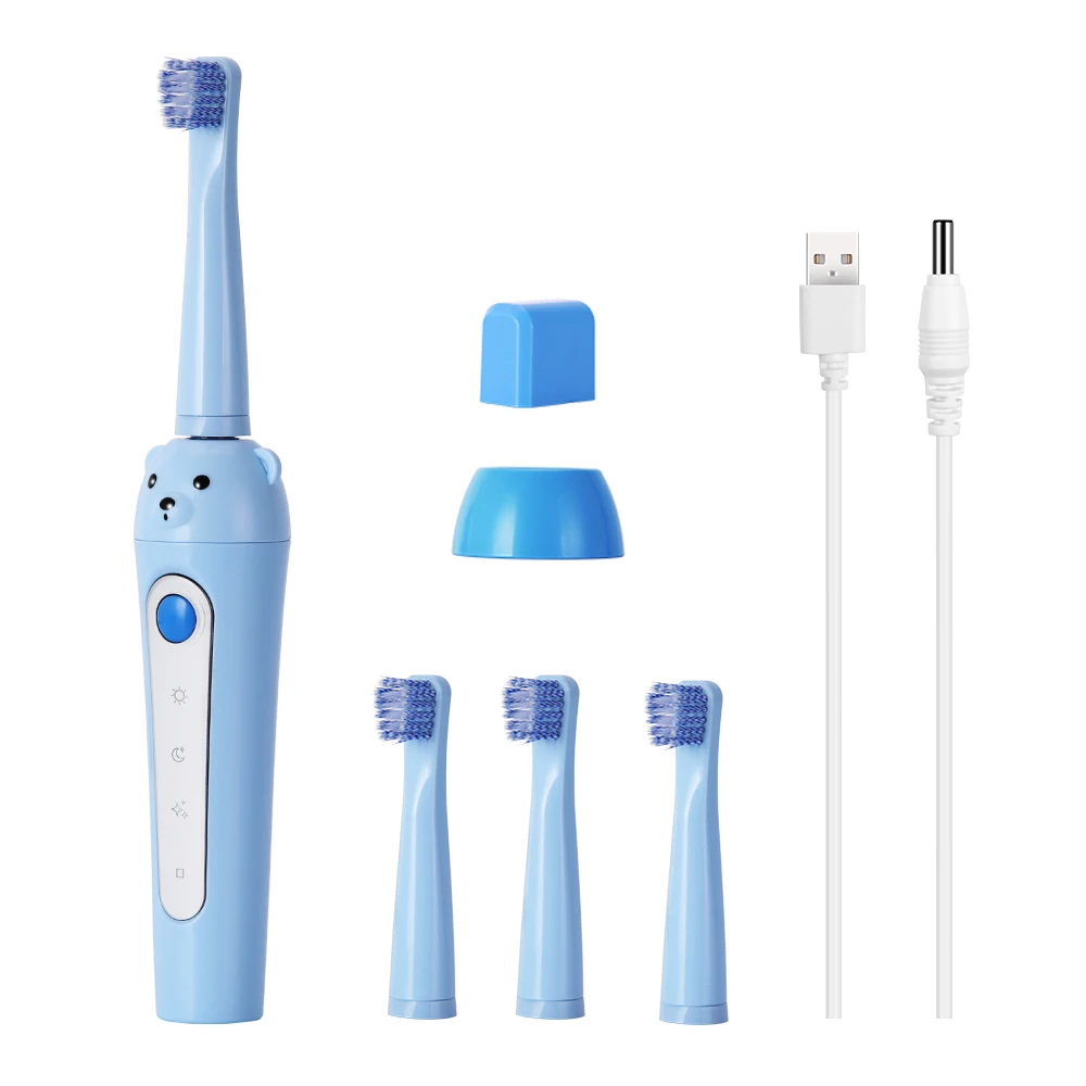 Blue 4 heads AZDENT Kids Sonic электрическая зубная щетка USB перезаряжаемая медведь мальчик девочка электрическая зубная щетка 4 насадки IPX7 Водонепроницаемая синяя розовая - Цвет: Blue 4 heads