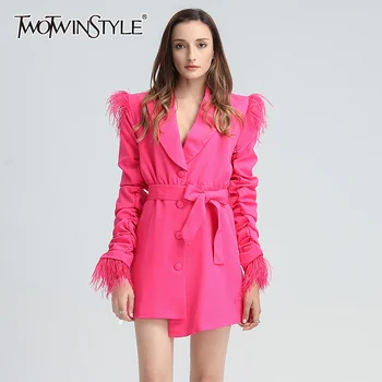 

TWOTWINSTYLE Designer Feather Dress For Women Notched Long Sleeve High Waist Lace Up High Street Dresses Female 2020 Autumn Tide