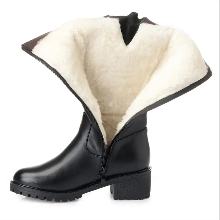 D-397 Big size women winter boots genuine leather women motorcycle boots warm wool Thick heel mid tube side zipper mother boots