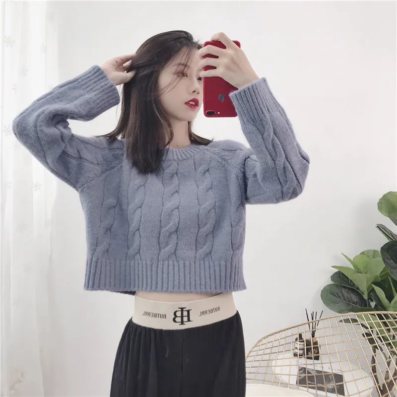 

2019 Autumn Winter Female Kawaii Knitted Sweater Short Long Knitting Slim Jumper Femme Pink White Knitwear