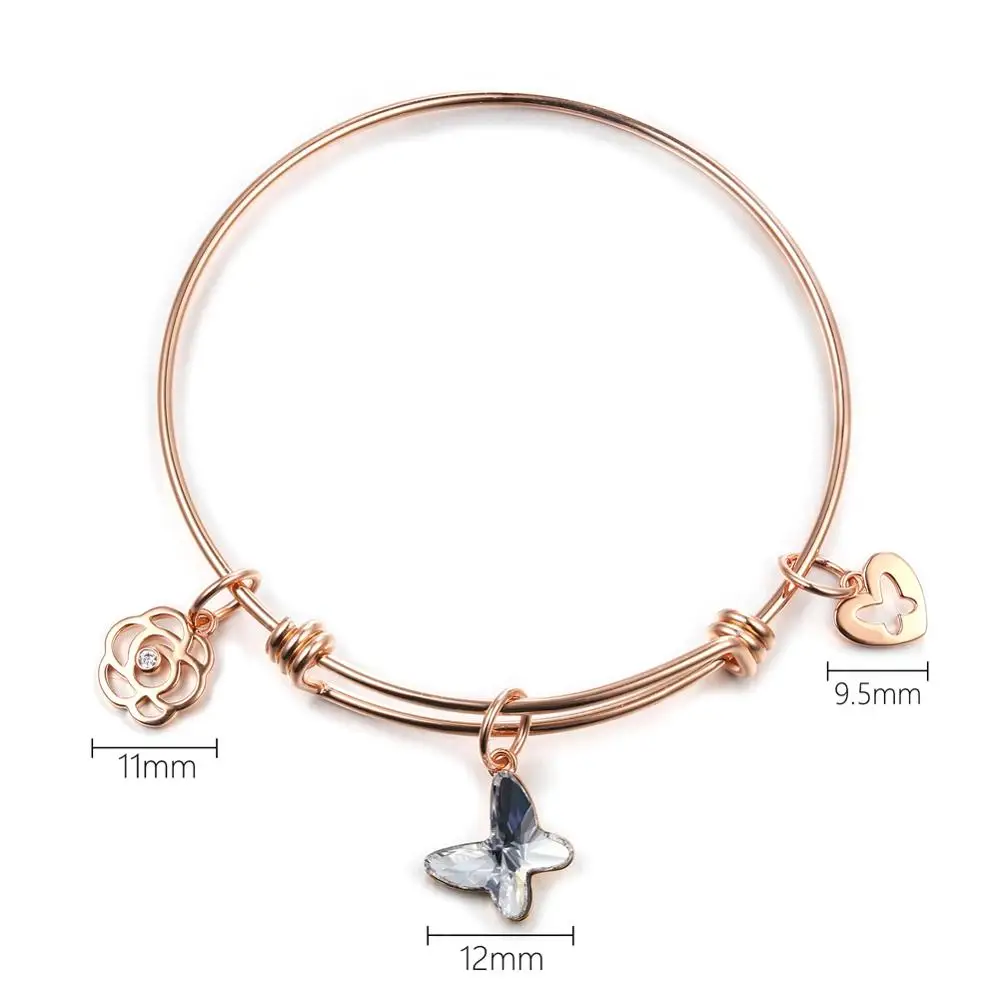 Bohemian Heart Flower Beads Bangle Bracelet DIY Jewelry Rose Gold Color Crystal Bowknot Hand Pulsera For Women Girls Gift - Окраска металла: Покрытие из розового золота