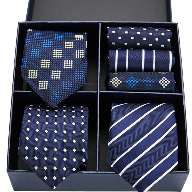 

3Pcs Tie Set Woven Classic Men Tie Necktie Navy Blue Plaid 3"100% Silk Tie Pocket Square Party Wedding Handkerchief