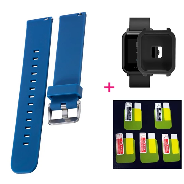Blue-black case YHNUJM силиконовый ремешок+ чехол+ 5 шт. Защитная пленка для экрана для Xiaomi Huami Amazfit Bip Youth Smart Watch - Цвет: Blue-black case