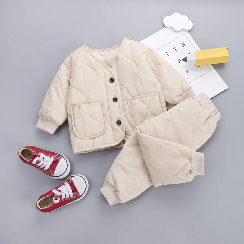 Детская одежда; зимний утепленный хлопковый комплект для маленьких мальчиков и девочек; пальто для малышей; топ+ штаны; комплект детской одежды из 2 предметов