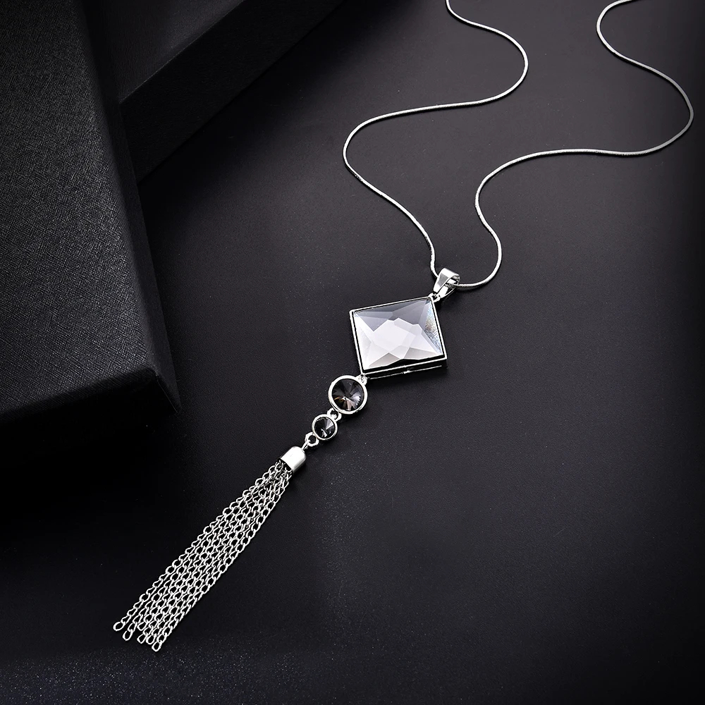 Sweater Necklace Long-Chain Crystal Jewelry Square Pendant Tassel Rhinestone Fashion Women