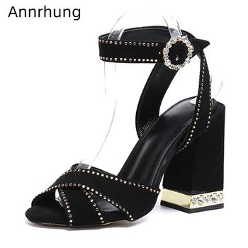 

Rivet Decor Cross Belt Gladiator Sandals Women Jeweled Chunky Heel Ankle Strap Rhinestone Buckle High Heel Shoes Woman