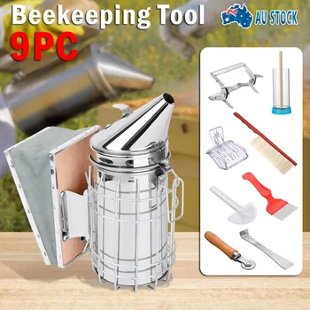 

9pcs Stainless Steel Beekeeping Honey Equipment Bee Smoke Transmitter Bee Brsuh Beekeeper Tools Catcher Hive Tool Kits