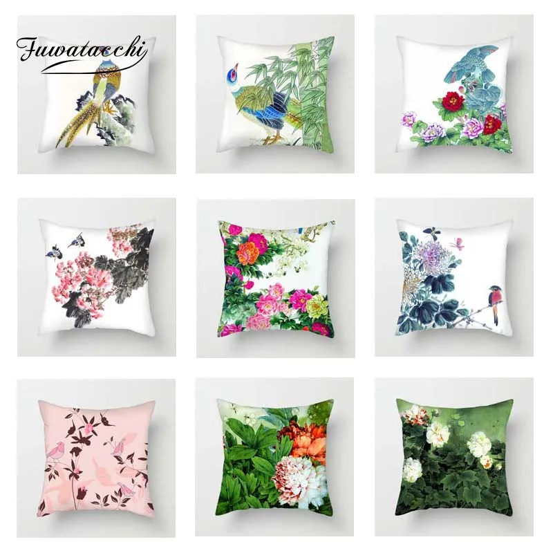 

Fuwatacchi Floral Cushion Covers Flowers Trees Birds Pillow Covers for Home Sofa Chair Decoration Plush Square Pillowcases 2019