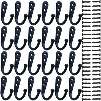 

24 Pieces Coat Hooks Wall Mounted Robe Hook Single Coat Hanger No Scratch and 50 Pieces Screws Black