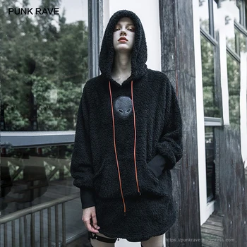 

PUNK RAVE Girl's Alien Appliqued Drawstring Long Suede Hoodies Gothic Harajuku Winter Keep Warm Black Women Clothes