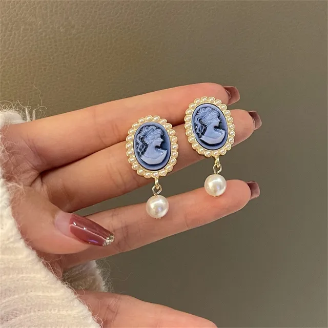 Cameo Earrings, Blue Acrylic Bead Jewelry, Victorian Style Gold Pearl Cameo  Jewelry, Coquette Aesthetic, Girly Feminine Dangles