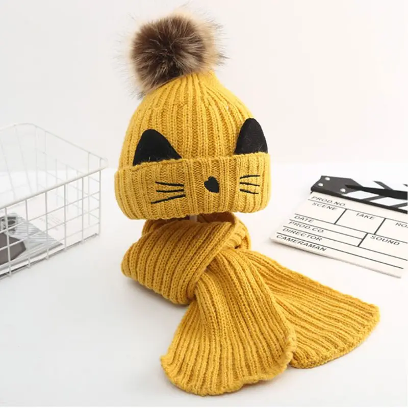 Детский шарф, вязаная шапка(комплект), Рисунок котенка, пушистый помпон, детская шапка, шаль