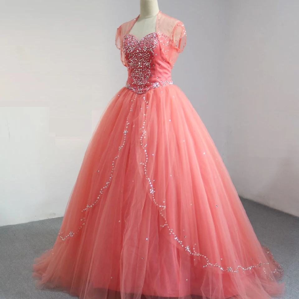 Coral Блестящие коралловые Бальные платья с жакетом Vestidos милые 16 вечерние бальные платья с кристаллами и бисером - Цвет: Coral