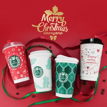 

50pcs Christmas party favor hot drink thick double layer paper cup anti-scalding disposable coffee cup takeaway package with lid