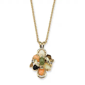 

18K YELLOW GOLD PLATED OVAL SHAPED GENUINE GREEN JADE, TIGER'S EYE, OPAL, CORAL AND ONYX PENDANT (27MM) WITH 18 INCH CHAIN