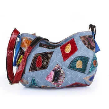 

Genuine leather Shoulder bag 2020 women's bag messenger bag leisure dumpling bag denim with Genuine leather contrast bag trend