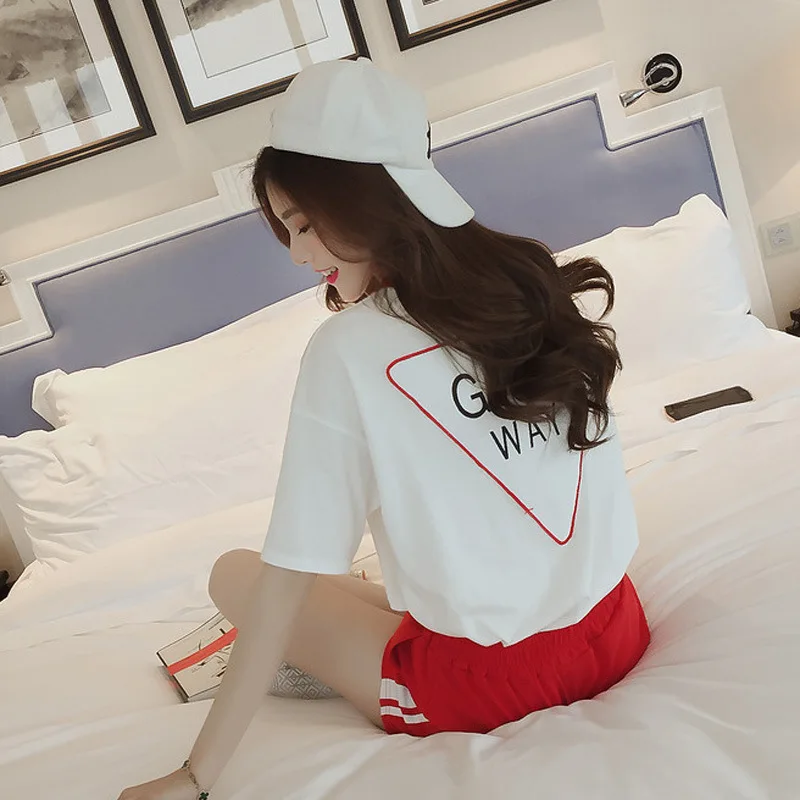 

2019 Summer New Style Two-Piece Set Trendy Letters Printed Short Sleeve T-shirt Casual WOMEN'S Suit Mixed Colors Sports Shorts