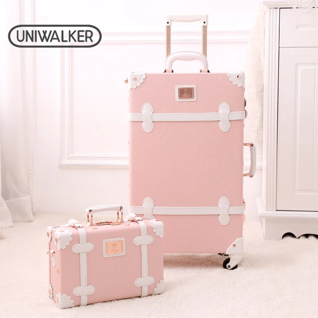 2 Piece Vintage Luggage Set (Pink, 20+12) PU Leather Luggage with Spinner  Wheels, Lightweight Suitcase for Travel