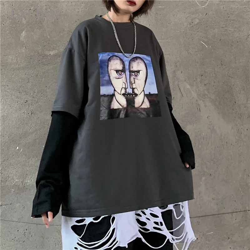 Lychee Harajuku, повседневные осенние женские топы с круглым вырезом, поддельные 2 штуки, свободные женские пуловеры с темными персонажами, лоскутные женские толстовки