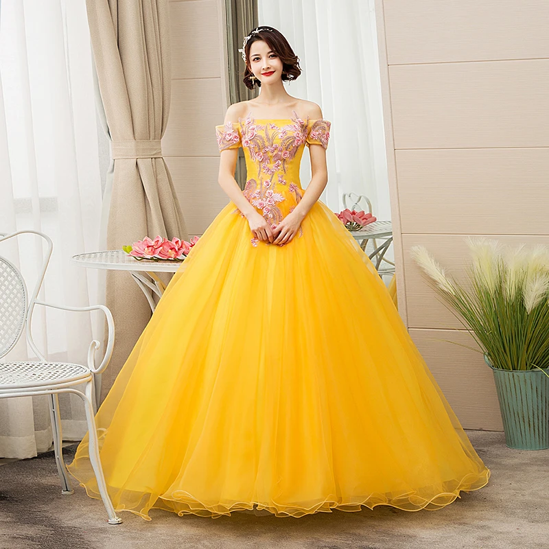 Цветочные Цветы Бальные платья золотое с открытыми плечами Пышное Бальное платье для выпускного бала Бальные платья