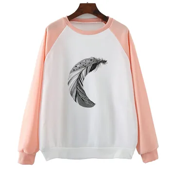 

Feather Remixed Black Ink Printed Hoody Women Long Sleeves Fashion Streetwear Coat Female Harauku Clothes