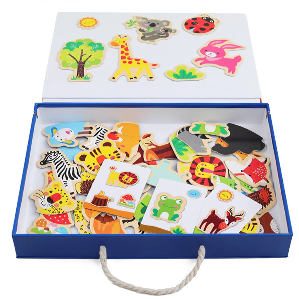 Магнитная головоломка, игрушка для детей, развивающие игрушки, художественный животный деревянный комбинированный набор, Детская забавная многоразовая наклейка, художественный проект, подарок на день рождения