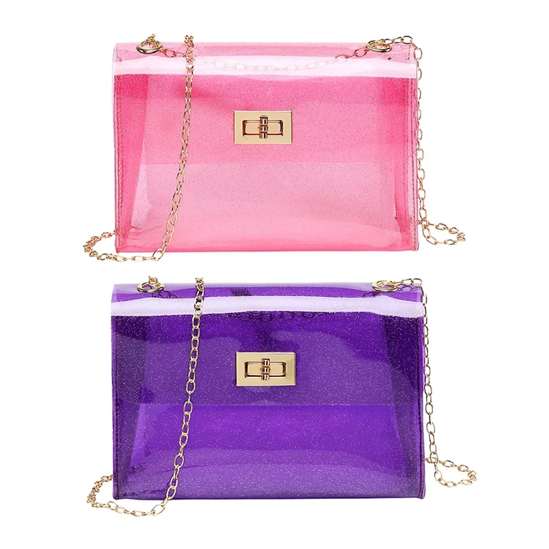 

ABZC-2 Pcs Jelly Bag Shiny Candy Color Crossbody Handbag Girl Favorite Party Bag Messenger Shoulder Beach Bag - Purple & Pink