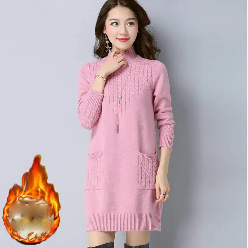 pink plus velvet Осень зима женские модные Свободные флисовые трикотажные пуловеры женское платье-свитер Повседневный теплый плюс бархатный Трикотаж Джемпер X94 - Цвет: pink plus velvet