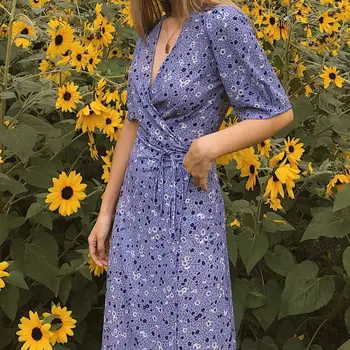 

100% Silk Women Dress 2020 Spring/Summer New lace up Light Purple Lavender Print lady midi dress