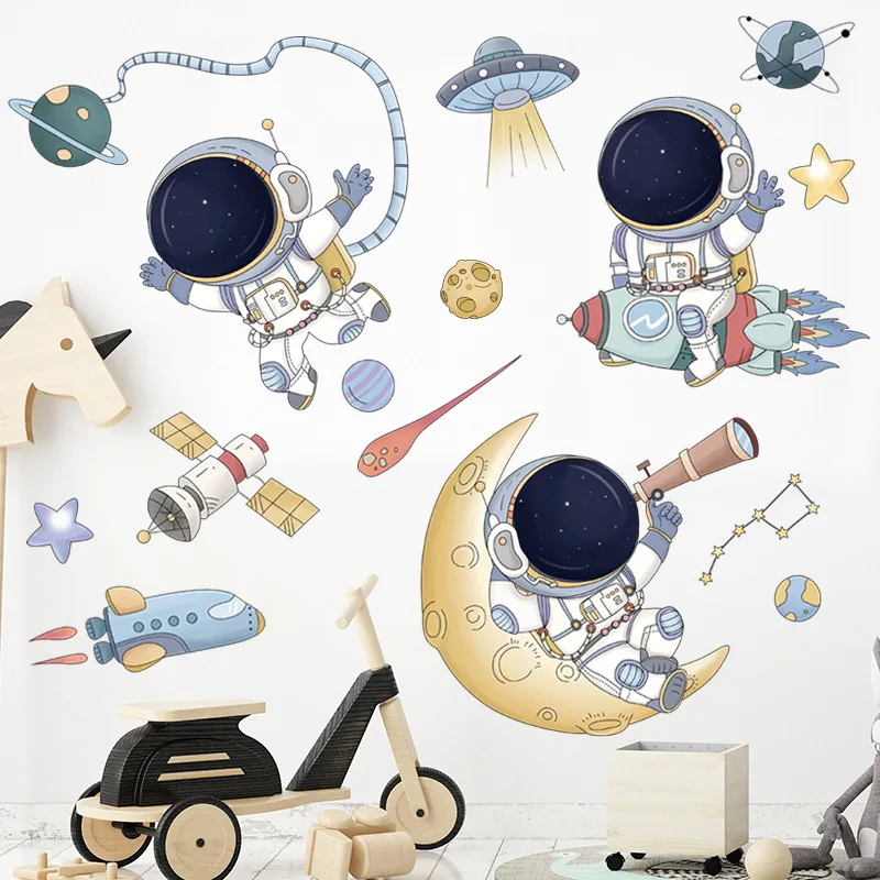 Cartoon Spaceship Wall Sticker for Kids rooms Nursery Astronaut UFO Wall Decor Vinyl DIY Wall Decals Art Murals Home Decoration