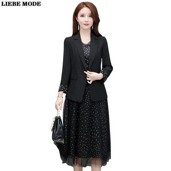 

Ladies Polka Dot Midi Dress Suits Korean OL Style Women Blazer and Long Dresses Office Work Elegant Black Two Pieces Set Suit