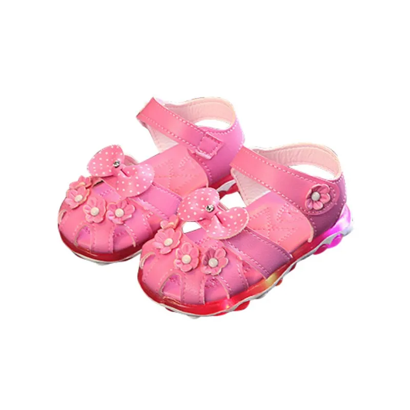 rose red Нескользящий светодиодный обувь для девочек PU цветок обувь освещение сандалии для девочки детская летняя обувь - Цвет: rose red